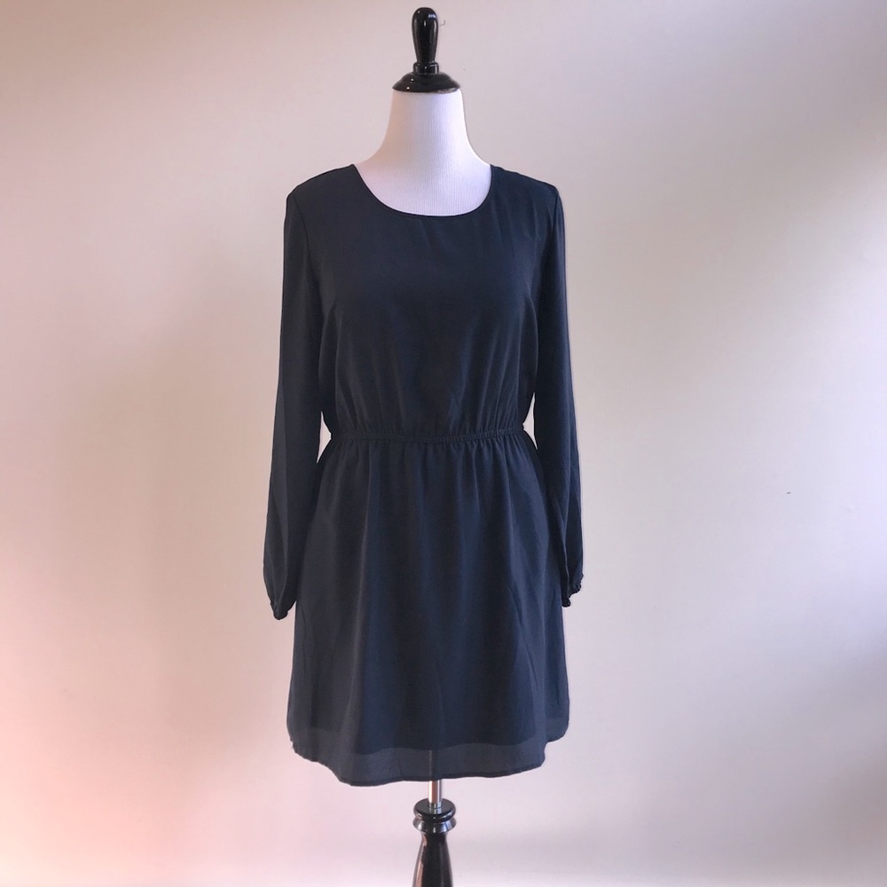 Dark Navy Blue Elastic Waist Long Sleeve Dress XL